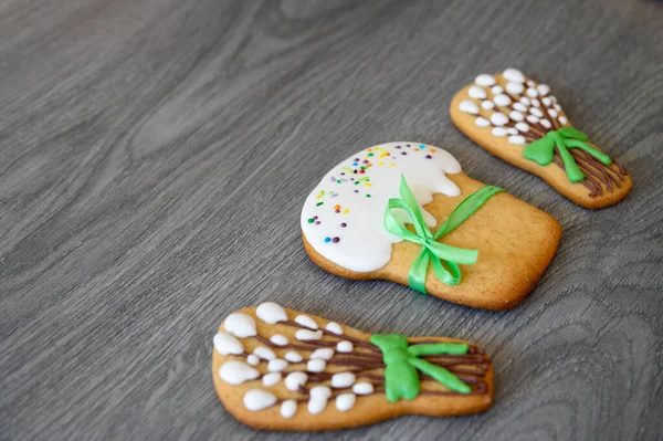 Cookies Form Easter Cakes Willow Branches Gray Wooden Surface Table — Stock Photo, Image