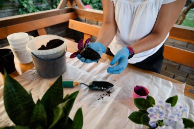 Bir kişi bir bahçe alanında çiçek saksısı kuruyor. Eldiven takarlar ve bir elinde toprak, diğer elinde de küçük bir alet tutarlar. Tencere ve konteynırlar yakınlardaki bir masaya konur..