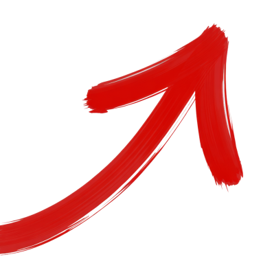 Kalın bir fırça darbesi gibi görünen koyu kırmızı bir ok siyah bir arkaplanda yukarı doğru kıvrılır. Fırça darbesinin kenarları biraz pürüzlü, elle boyanmış gibi görünüyor. Ok yukarı doğru hareket ve ilerlemeyi simgeler..