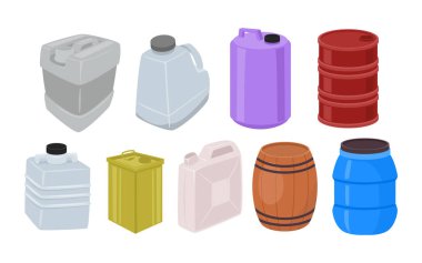 Su tankı koleksiyonu, sıvı depolama kapları, Jerry Can, metal tank, plastik su testisi, ahşap, fıçı, varil, kimyasal ve endüstriyel tanklar. Beyaz arkaplan vektör çiziminde izole