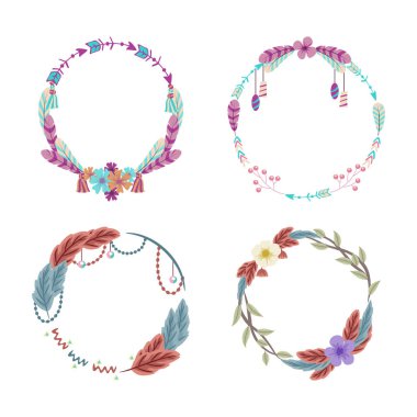 Çiçekli, yapraklı ve tüylü klasik Boho çelengi, düğün davetiyesi, afiş, tebrik kartı şablonu ve kartvizit ve poster için uygun. El çizimi vektör illüstrasyonu.