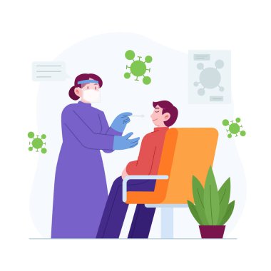 İniş sayfası şablonu için Corona Virüsü test konsepti vektör çizimi fikri, hasta burnundan ve ağzından alınan örnek testi, enfeksiyon uzmanlığı teşhis etti ve Covid-19, El çizimi Düz Stil