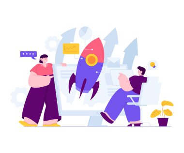 İniş sayfası şablonu için konsept vektör ilüstrasyon fikri, girişimci yenilikçi fikirle proje başlatma, çalışma süreci geliştirme büyümesinin başlaması ve başlatılması, El çizimi Düz Biçim