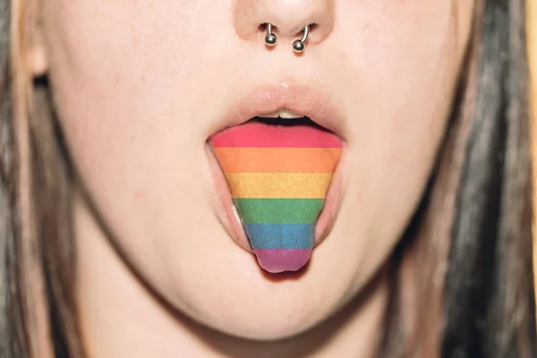 Woman Earring Her Nose Sticking Out Her Tongue Lgbti Flag — Stock Photo, Image