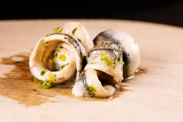 Piece Anchovy Garlic Parsley Oil Chopping Wood — Stock Photo, Image