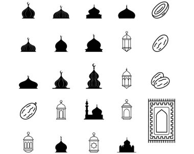 Camiler, fenerler, hurmalar ve dua paspaslarının yer aldığı el yapımı İslami simgelerin bir derlemesi, dini temalar için mükemmel.