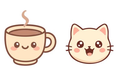 Neşeli bir kawaii kahve fincanı. Sevimli, gülümseyen kedi kafası grafiğinin yanında mutlu bir şekilde kaynıyor.