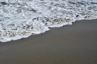 Yuvarlanan dalgalar ve yumuşak kum üzerinde beyaz deniz köpüğü olan tropikal kıyı şeridi yaz seyahatleri, tatiller ve kıyı arkaplanları için mükemmel..