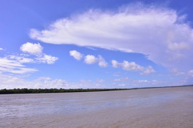 Ufuk boyunca uzanan uzun beyaz bulutları olan parlak mavi bir gökyüzünün altında geniş bir nehir. Doğal gün ışığı ve huzurlu suyla sakin bir manzara..