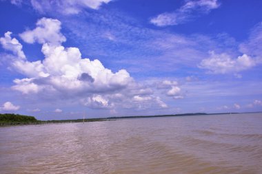 Tüylü beyaz bulutların çamurlu tropikal bir nehrin üzerinde yansıdığı parlak mavi bir gökyüzünün güzel dikey arka planı. Seyahat veya hava durumu tasarımları için mükemmel kopyalama alanı.