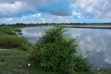 Cox 's Bazar, Bangladeş' teki Bakkhali Nehri manzaralı. Nehir, bölgenin yemyeşil mangrov ormanları, geleneksel balıkçı tekneleri ve yerel köylerle çevrili birincil su yoludur..