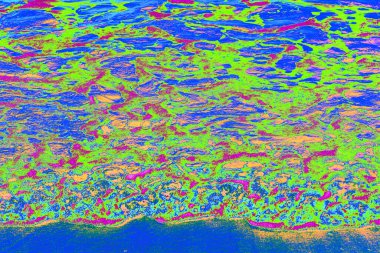 Neon yeşili ve morumsu dalgalı soyut mavi su dokusu. Yüksek kontrastlı sıvı deseni fütüristik arka planlar, dijital sanat ve enerjik grafik tasarımı için mükemmeldir..