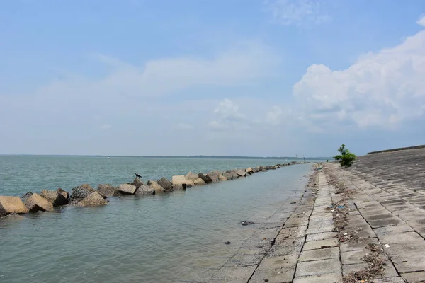 Coxs Bazar 'daki Bakkhali Nehri seti sakin su, beton yürüyüş yolu ve açık gökyüzü, huzurlu sahil kıyısı sahnesi