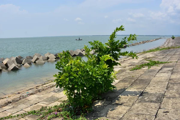 Coxs Bazar 'daki Bakkhali Nehri seti sakin su, beton yürüyüş yolu ve açık gökyüzü, huzurlu sahil kıyısı sahnesi