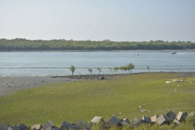 Coxs Bazar, Bangladeş 'te sular çekildiği sırada Bakkhali Nehri geniş kumlu kıyıları, sığ akan suyu ve uzak yeşil kıyı şeridini gözler önüne seriyor. Sakin nehir manzarası mevsimsel değişimi ve kıyı sükunetini vurguluyor.