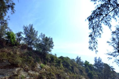 Inani Sahili, Cox 's Bazar, Bangladeş' teki doğal manzaranın geniş açılı bir görüntüsü. Görüntü, tepe arazisinin eşsiz buluşma noktasını ve Deniz Yolu boyunca uzanan Casuarina (Jhau) ormanını yakalıyor..