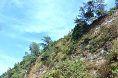 Inani Sahili, Cox 's Bazar, Bangladeş' teki doğal manzaranın geniş açılı bir görüntüsü. Görüntü, tepe arazisinin eşsiz buluşma noktasını ve Deniz Yolu boyunca uzanan Casuarina (Jhau) ormanını yakalıyor..