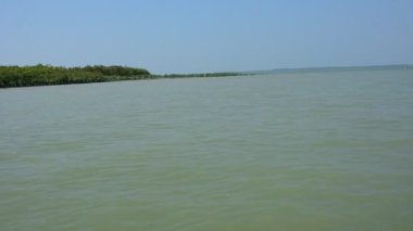 Bangladeş 'teki Bengal Körfezi kıyısında sakin bir mangrov nehir kanalı. Yeşil bitki örtüsü ve açık sularla tropikal kıyı manzarası, iklim değişikliği, koruma, sürdürülebilirlik ve biyolojik çeşitlilik kavramları için uygundur..