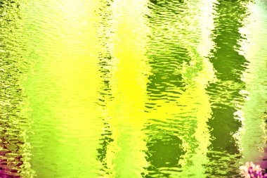 Su dokusu gölün yüzeyine düşer ve gölün ortasında ağaçların yansımaları olan yeşil yapraklar vardır. güzel arkaplan.