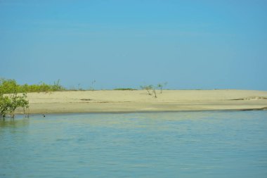 Cox 's Bazar' daki Bakkhali Nehri 'nin kıyısındaki kumlu bir nehir kıyısı ve sakin gelgit sularının yer aldığı, açık mavi gökyüzü altında yakalanmış, Bangladeş' in sakin haliç manzarasını vurguluyor..
