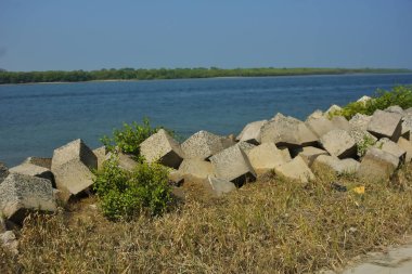 Bangladeş kıyısındaki Maheshkhali Kanalı boyunca kaya seti gelgit sularını, kıyı şeridini ve sakin bir tropikal estuarin ortamında kıyı mühendisliğini gösteriyor..