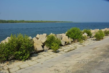 Bangladeş kıyısındaki Maheshkhali Kanalı boyunca kaya seti gelgit sularını, kıyı şeridini ve sakin bir tropikal estuarin ortamında kıyı mühendisliğini gösteriyor..
