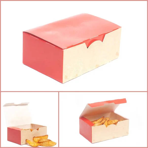 Frytki Plastry Ziemniaków Wiejskich Pudełku Fast Food Collage — Zdjęcie stockowe