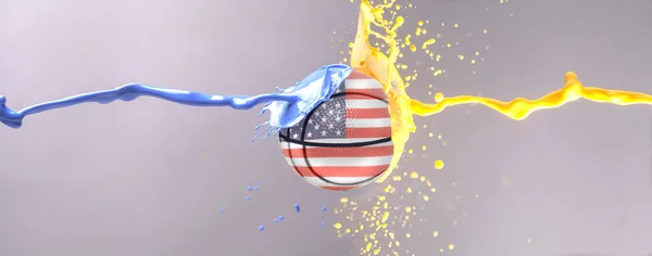 Usa Flag Basketball Ball Yellow Blue Paint Splashes — Stock Photo, Image