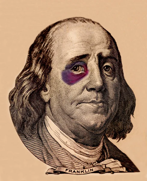 Porträtt Usa President Benjamin Franklin Med Svarta Ögon Begreppet Lågkonjunktur — Stockfoto