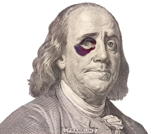 Porträtt Usa President Benjamin Franklin Med Blåtira Begreppet Recession Usa — Stockfoto
