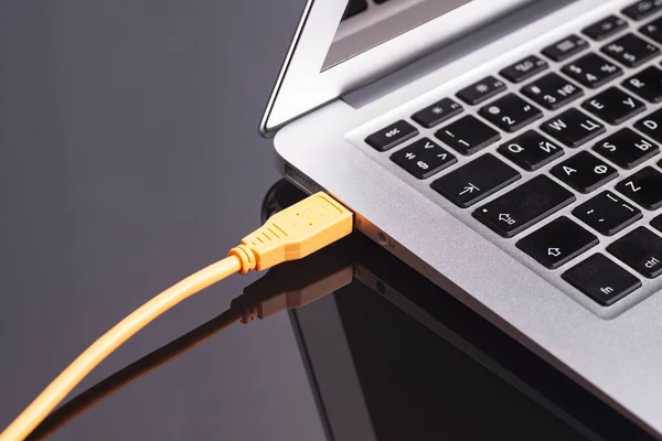 Usb橙色电缆笔记本电脑 — 图库照片