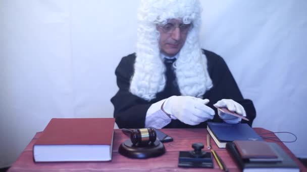 Corrupt Male Judge Receives Money Knocking Wooden Gavel Bribe Judge — Stock Video