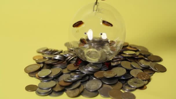 Hand Putting Coins Glass Piggy Bank Standing Pile Coins — Stock Video