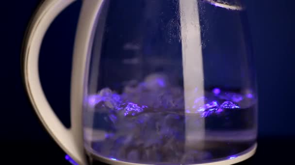 青のバックライト付き沸騰ガラスティーポット — ストック動画