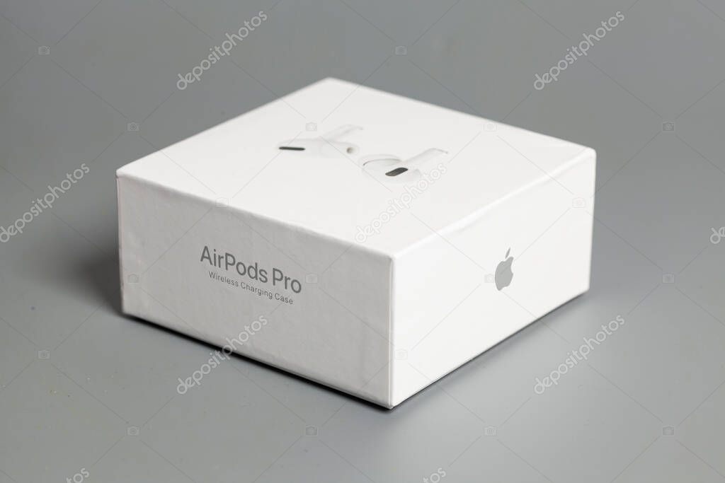 Moscow, Russia, September 08,2021: Apple AirPods Pro - wireless bluetooth earphones or headphones.