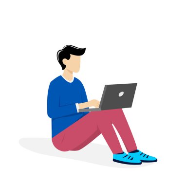 A man sitting at work with a laptop in red pants and a blue jacket