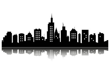 Şehir panoraması düz basit vektör siyah siluet pencereli şehir