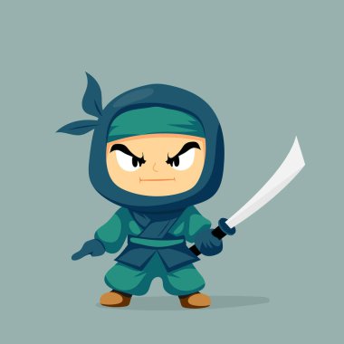 Beyaz bir arka planda elinde bir katana ile savaşmaya hazır küçük bir ninjanın çizimi.