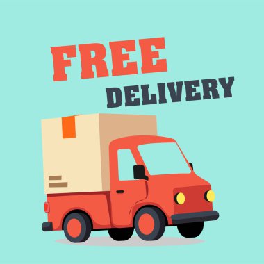 Teslimat kutusunun ücretsiz teslimat kırmızı araba düz vektör çizimi