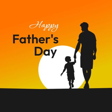 Baba ve çocuk gün batımında arka plan illüstrasyon vektör pankartıyla turuncu renkte yürüyorlar