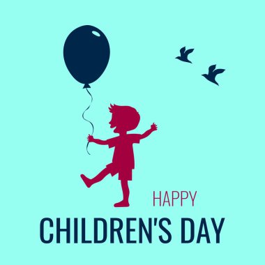 Çocuk Günü 'nün parlak arka planı için elinde balon taşıyıcı pankartı olan bir çocuğun silueti.