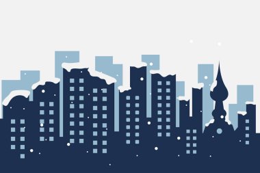 Koyu mavi vektör düz tasarım şehir silueti panorama kış temalı kar havası