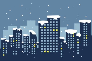 Koyu mavi şehir vektör illüstrasyonunun manzarası pencerelerdeki kış havası ışığının arka planında düz silüet