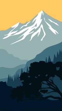 Uzak dağların arka planında bir ağacın siluetinin vektör çizimi