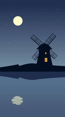 Ay gecesinin gölgesinde değirmen silueti