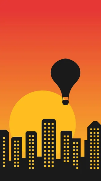 Düz vektör illüstrasyon şehri ve gün batımı sıcak güneşi