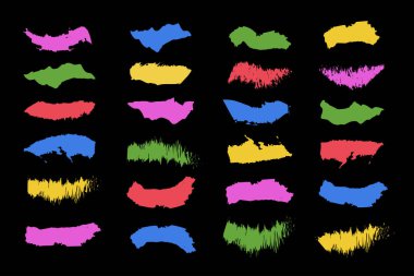 Çok renkli fırça ve lekelerin vektör kümesi. Koyu gri arka plandaki çizikler ve dokular