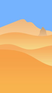 Minimalist çöl manzarası. Kum tepeleri ve mavi gökyüzü düz vektör çizimi.