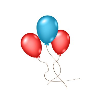 Kırmızı ve mavi balonlar beyaz arka planda izole edilmiş 3D gerçekçi parti kutlama unsurları vektör illüstrasyonu