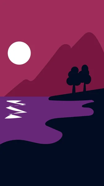 Vector Soyut Gece Gölü Manzarası Minimalist Dağ ve Ay Yansıması İllüstrasyonu